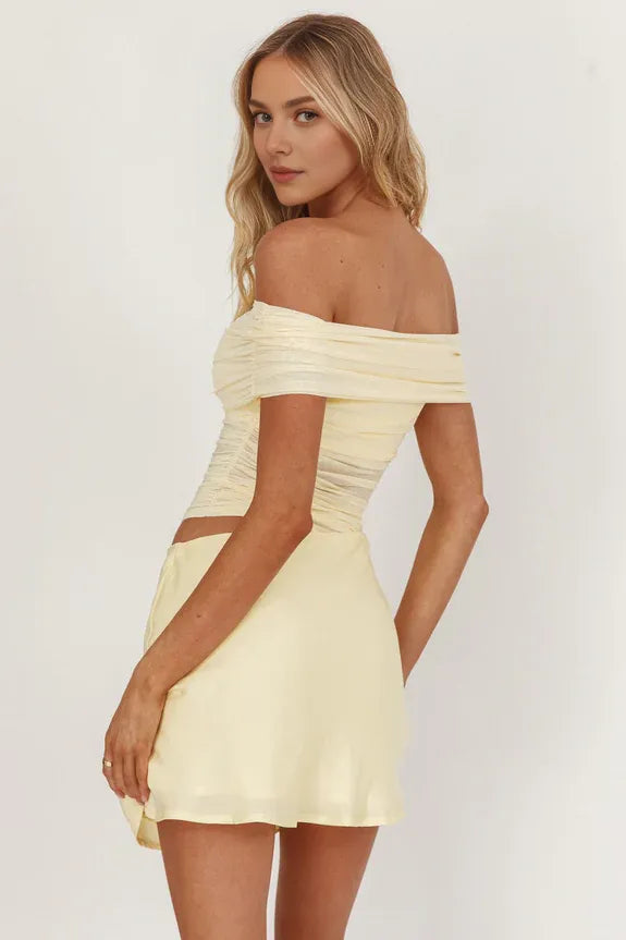 Off-Shoulder Short Sleeves Pleated Cutout Butter Mini Homecoming Dress