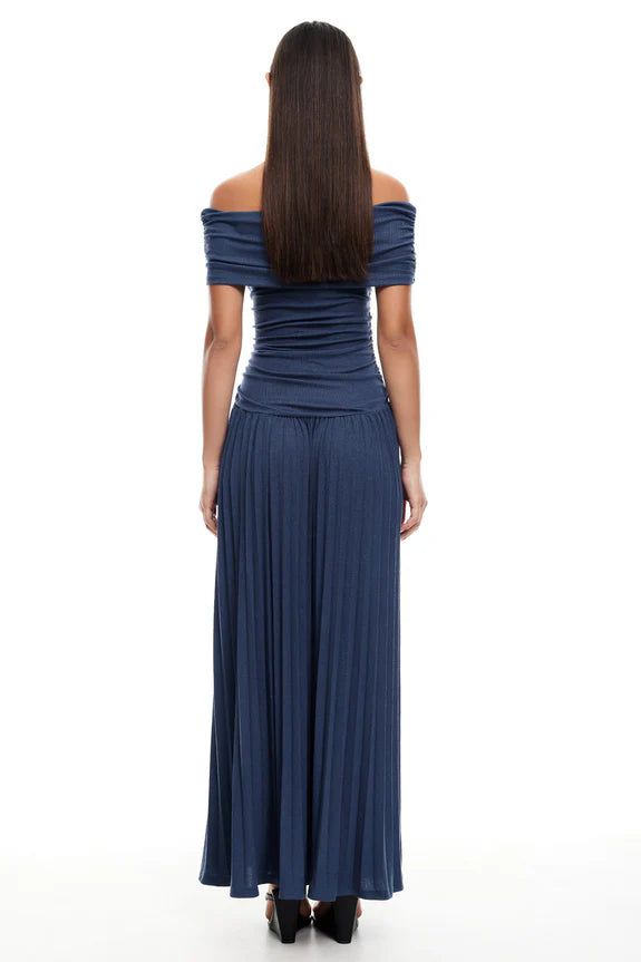 Off-Shoulder Short Sleeves Pleated Slit Navy Maxi Homecoming Dress Prom Dress