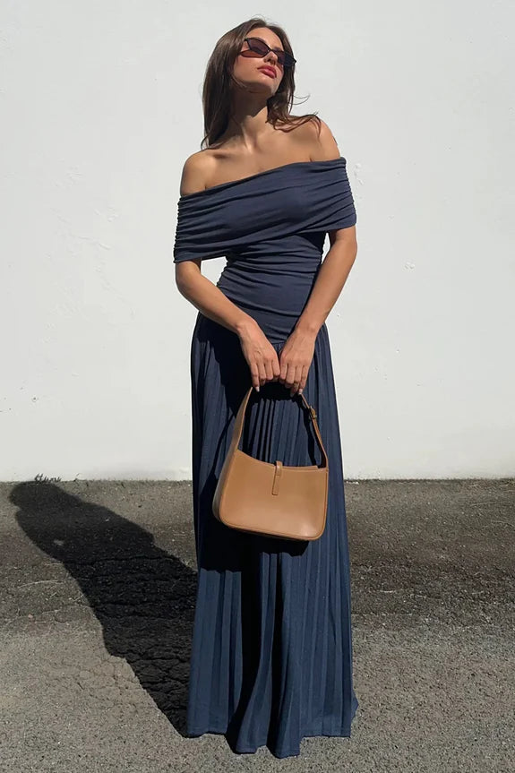 Off-Shoulder Short Sleeves Pleated Slit Navy Maxi Homecoming Dress Prom Dress