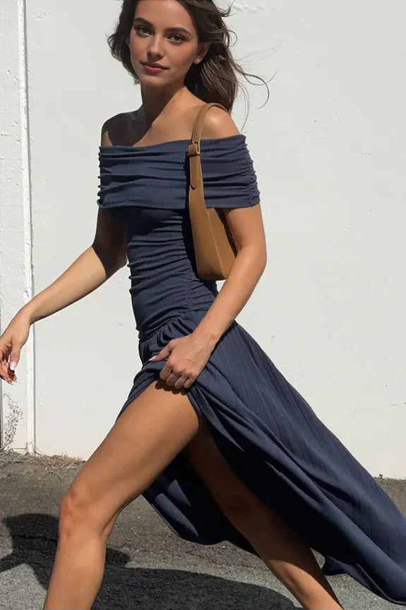 Off-Shoulder Short Sleeves Pleated Slit Navy Maxi Homecoming Dress Prom Dress