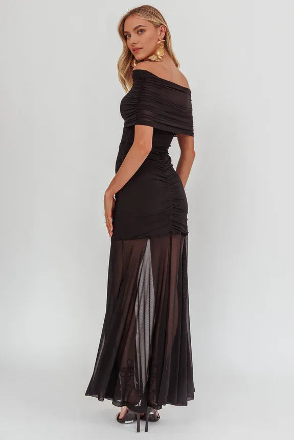 Off-Shoulder Short Sleeves Sheer Ruched Black Maxi Homecoming Dress Prom Dress