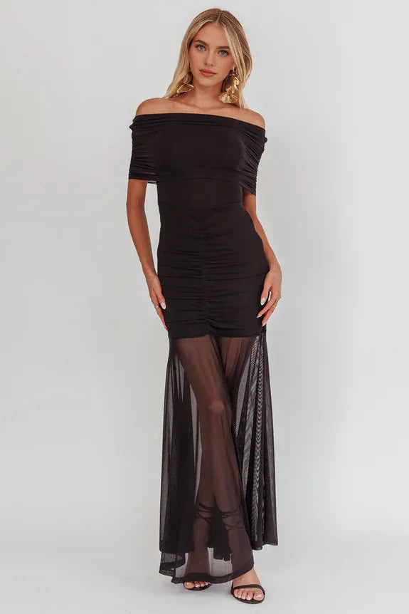 Off-Shoulder Short Sleeves Sheer Ruched Black Maxi Homecoming Dress Prom Dress