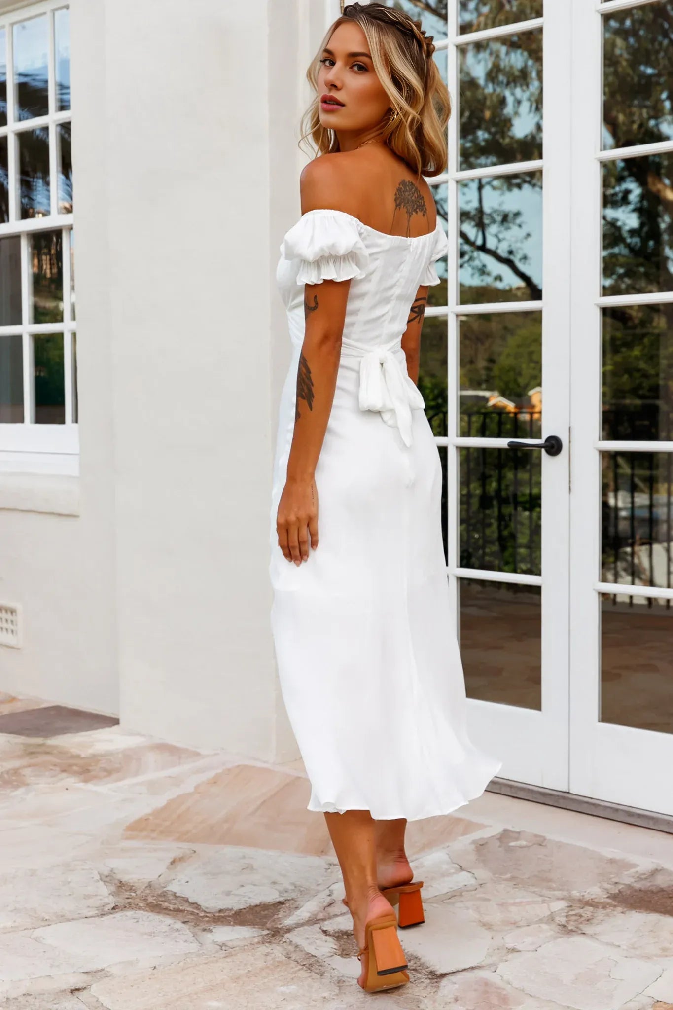 Off-Shoulder Short Sleeves Tie Back White Midi Evening Dress Party Dress
