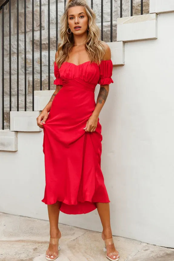 Off-Shoulder Short Sleeves Tie Back White Midi Evening Dress Party Dress