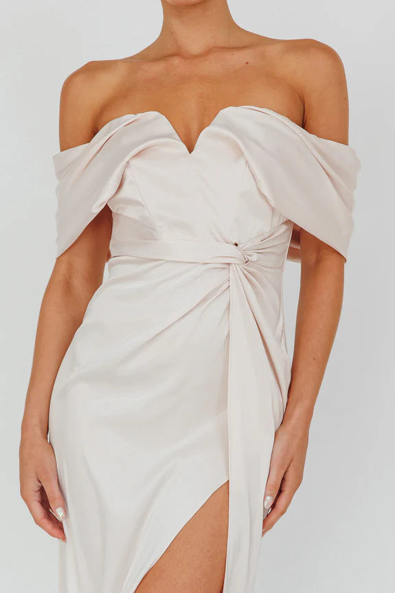 Off-Shoulder Short Sleeves Twist Pearl Maxi Evening Dress With High Slit