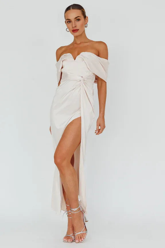 Off-Shoulder Short Sleeves Twist Pearl Maxi Evening Dress With High Slit