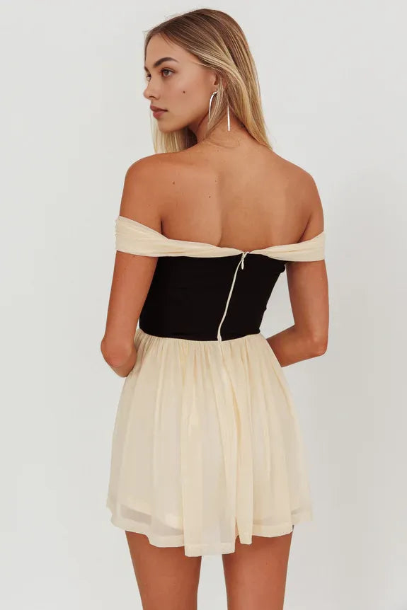 Off-Shoulder Tie Ivory And Black Mini Homecoming Dress For Ladies