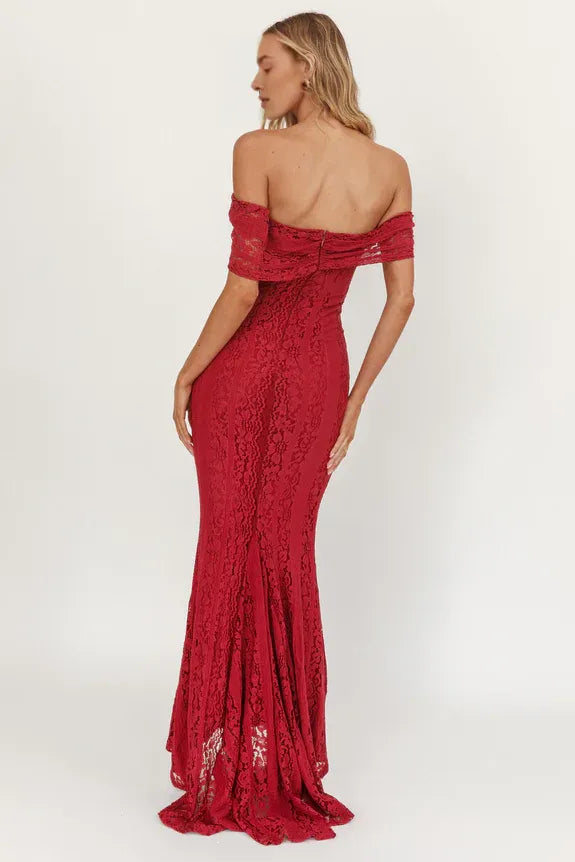 Off-Shoulder Tie Lace Cream Maxi Evening Dress With Subtle Train