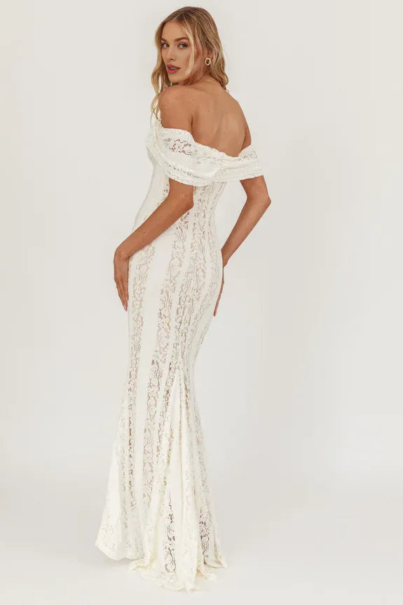 Off-Shoulder Tie Lace Cream Maxi Evening Dress With Subtle Train