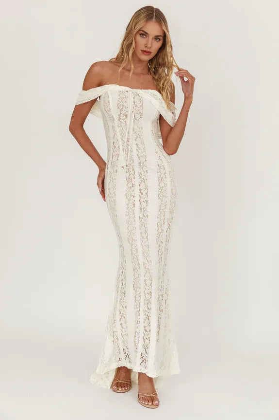 Off-Shoulder Tie Lace Cream Maxi Evening Dress With Subtle Train
