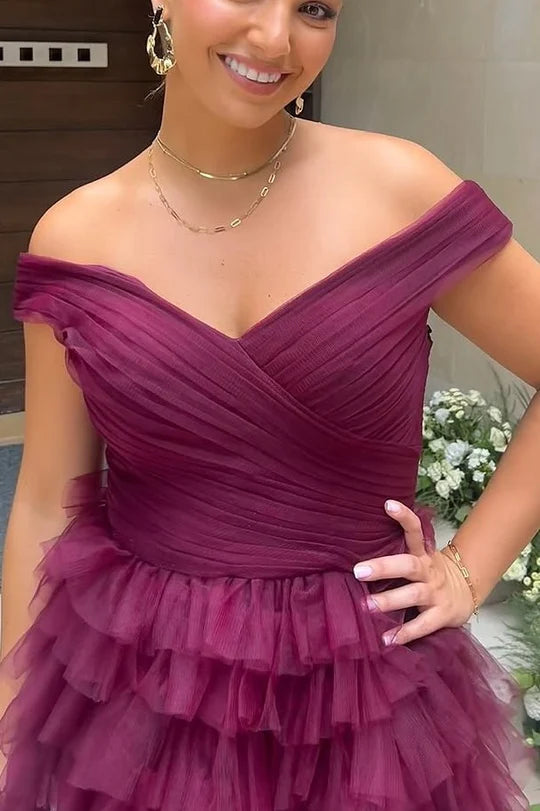 Off-Shoulder V-Neck A-Line Empire-Waist Ruffles Tulle Formal Prom Dress