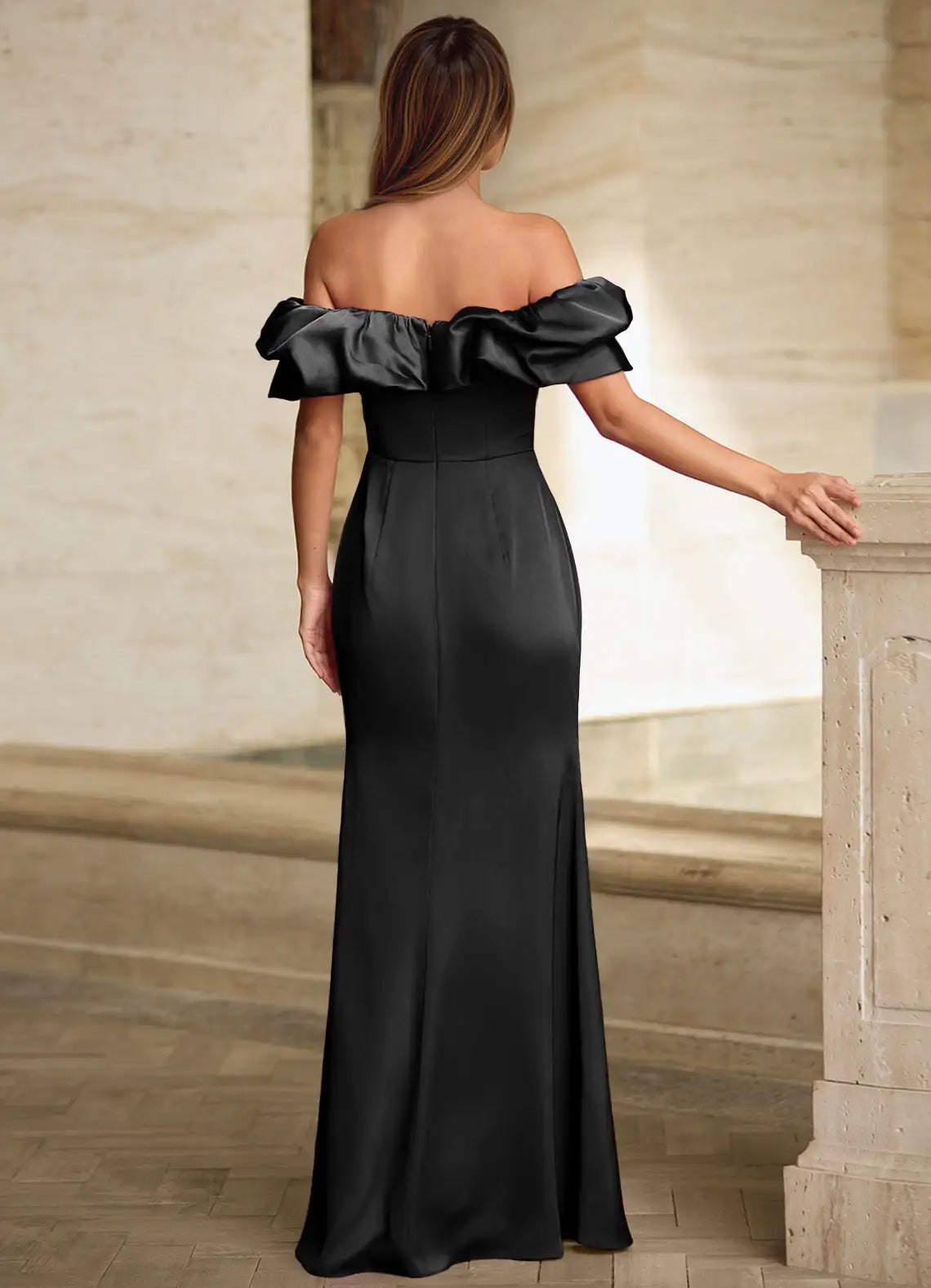 Off-The-Shoulder Satin Orchid Full Length Prom Dress With High Slit