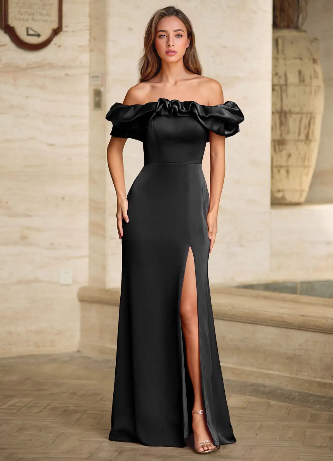 Off-The-Shoulder Satin Orchid Full Length Prom Dress With High Slit