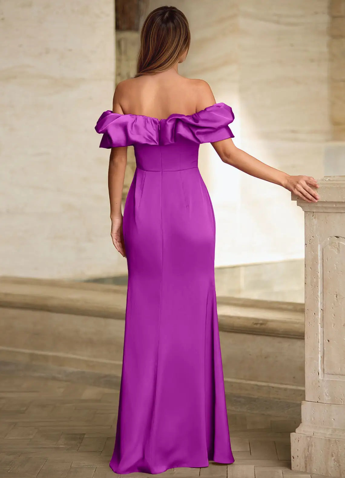 Off-The-Shoulder Satin Orchid Full Length Prom Dress With High Slit
