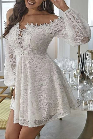 Off-White Lace Off-the-Shoulder Long Sleeve Open Back A-Line Short Lace Up Party Dress