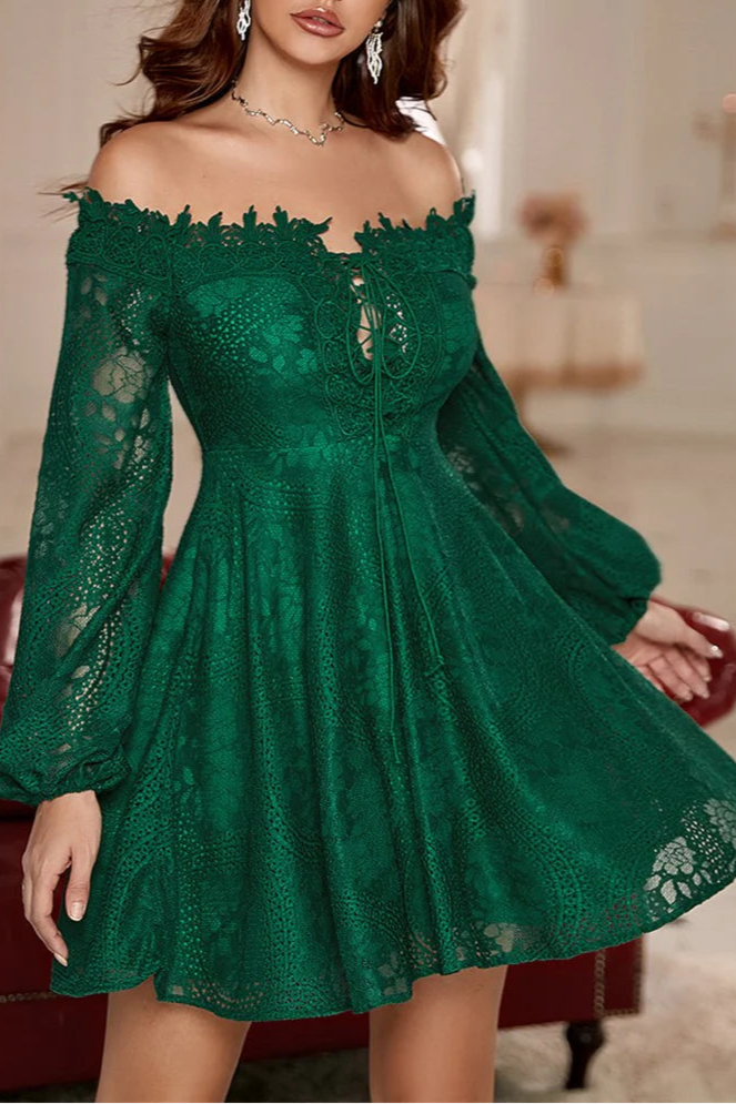 Off-White Lace Off-the-Shoulder Long Sleeve Open Back A-Line Short Lace Up Party Dress