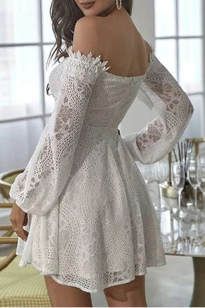 Off-White Lace Off-the-Shoulder Long Sleeve Open Back A-Line Short Lace Up Party Dress