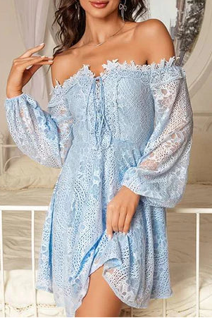 Off-White Lace Off-the-Shoulder Long Sleeve Open Back A-Line Short Lace Up Party Dress