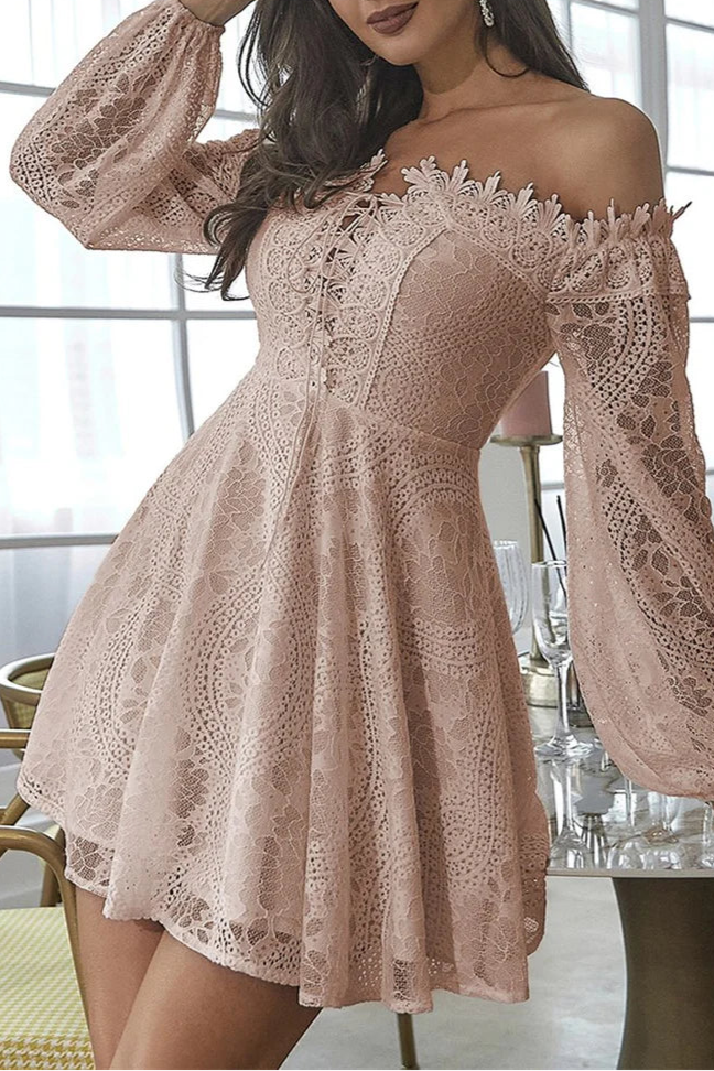 Off-White Lace Off-the-Shoulder Long Sleeve Open Back A-Line Short Lace Up Party Dress