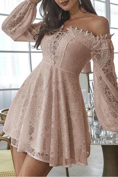 Off-White Lace Off-the-Shoulder Long Sleeve Open Back A-Line Short Lace Up Party Dress