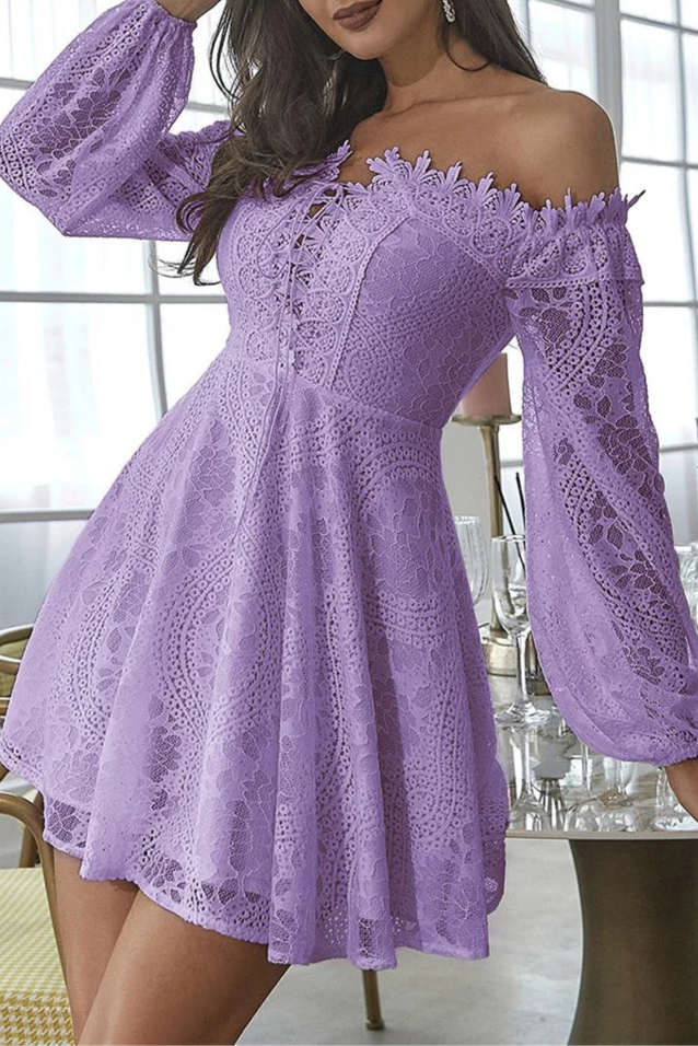 Off-White Lace Off-the-Shoulder Long Sleeve Open Back A-Line Short Lace Up Party Dress