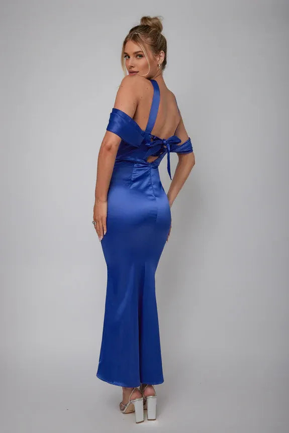 Off-shoulder Draped Sleeve Lace-up Back Tie Navy Midi Evening Dress