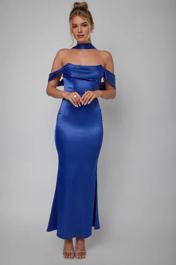 Off-shoulder Draped Sleeve Lace-up Back Tie Navy Midi Evening Dress