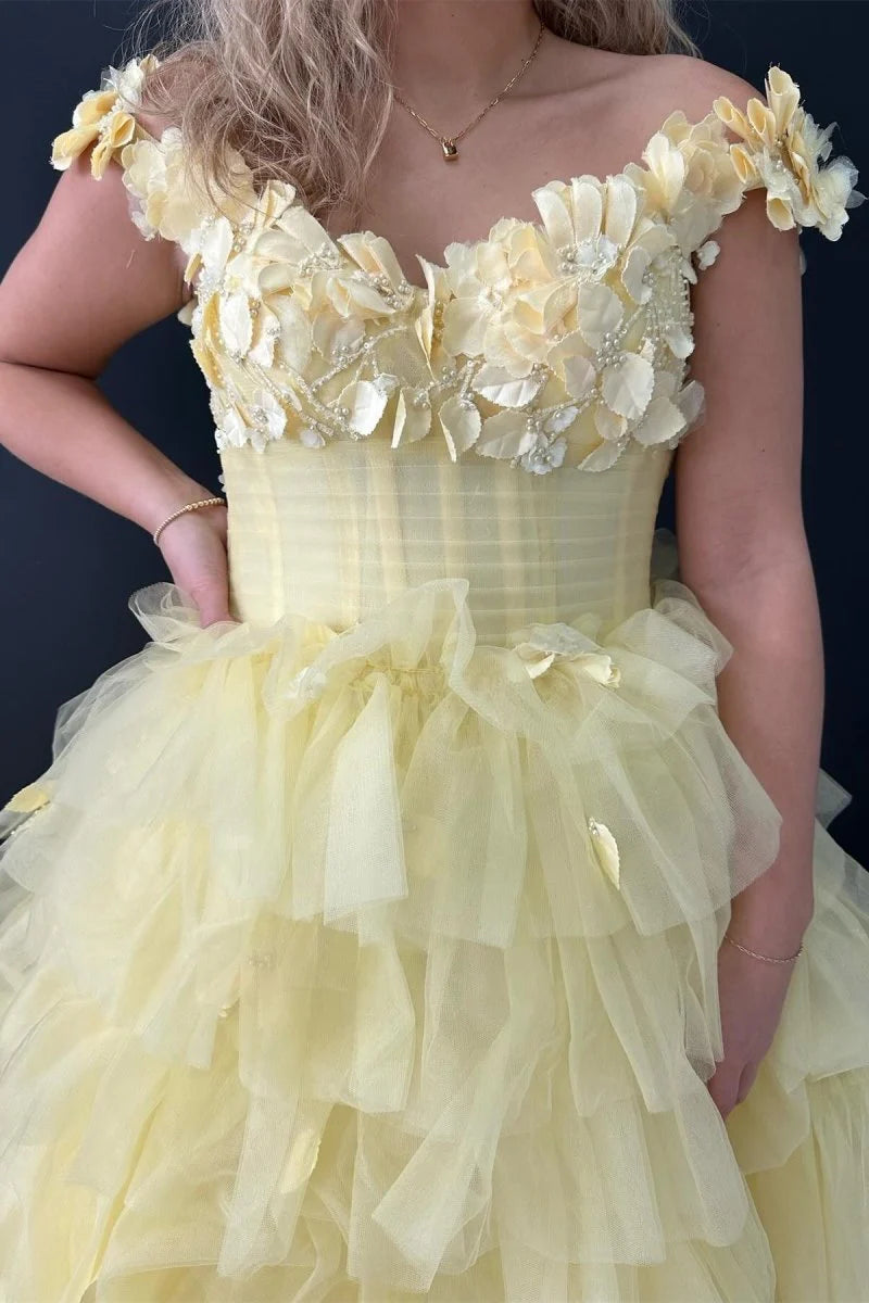 Off-the-Shoulder 3D Floral Ruffle Tiered Tulle Yellow Evening Dress Prom Dress