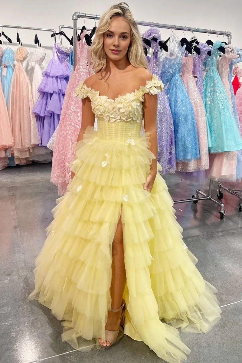Off-the-Shoulder 3D Floral Ruffle Tiered Tulle Yellow Evening Dress Prom Dress