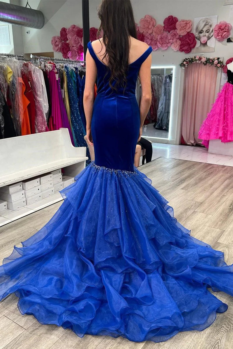 Off-the-Shoulder Multi-Layer Trumpet Velvet Black Formal Evening Dress