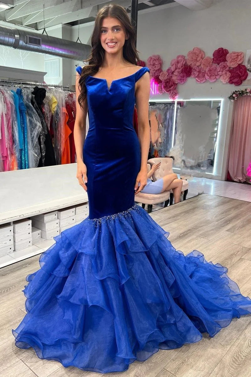Off-the-Shoulder Multi-Layer Trumpet Velvet Black Formal Evening Dress