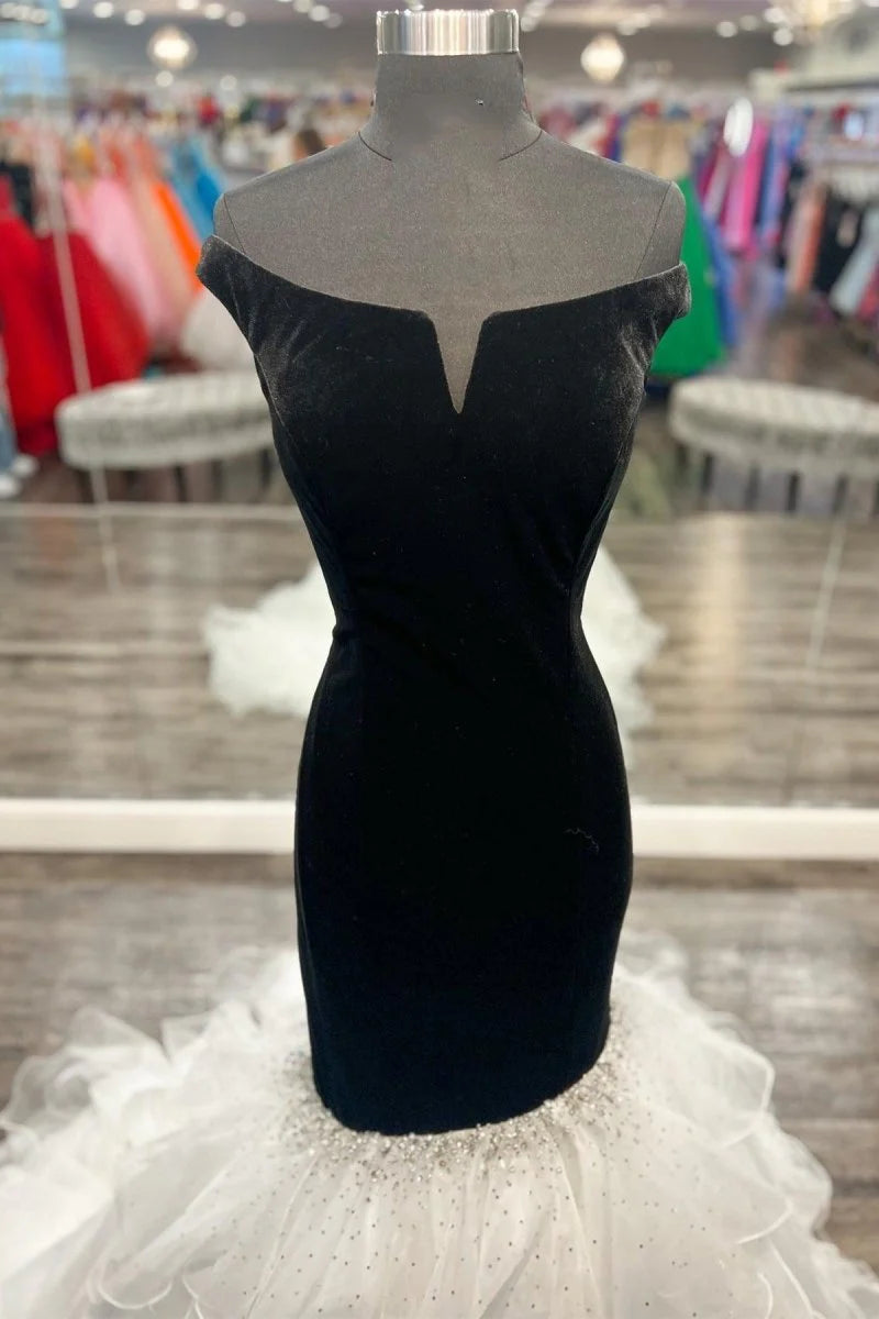 Off-the-Shoulder Multi-Layer Trumpet Velvet Black Formal Evening Dress