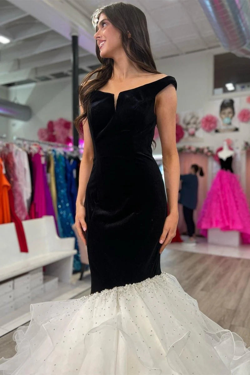 Off-the-Shoulder Multi-Layer Trumpet Velvet Black Formal Evening Dress