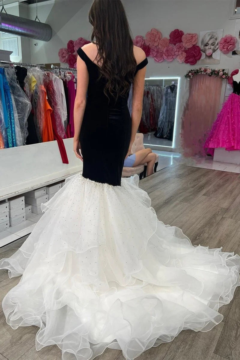 Off-the-Shoulder Multi-Layer Trumpet Velvet Black Formal Evening Dress