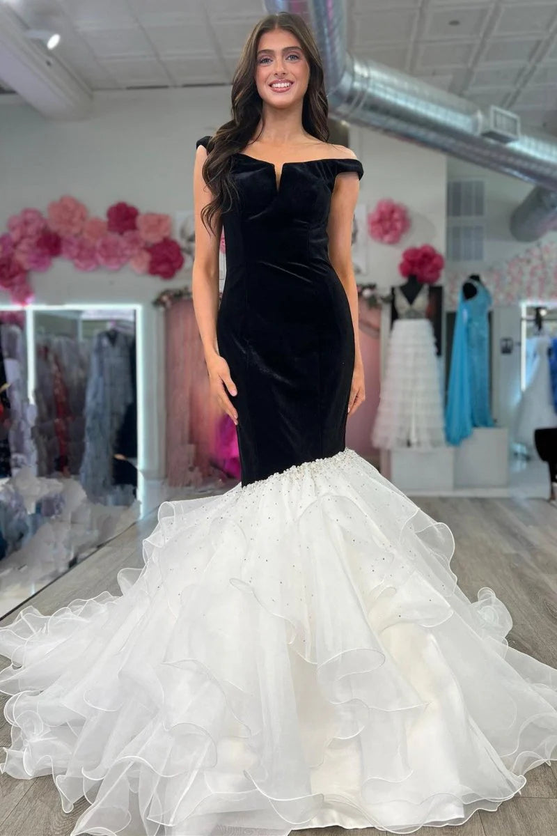 Off-the-Shoulder Multi-Layer Trumpet Velvet Black Formal Evening Dress