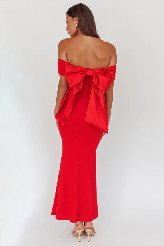 Off-the-Shoulder Pleated Bow Back Red Maxi Homecoming Dress Prom Dress