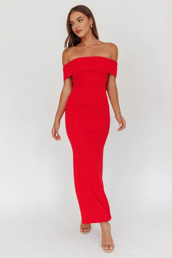 Off-the-Shoulder Pleated Bow Back Red Maxi Homecoming Dress Prom Dress