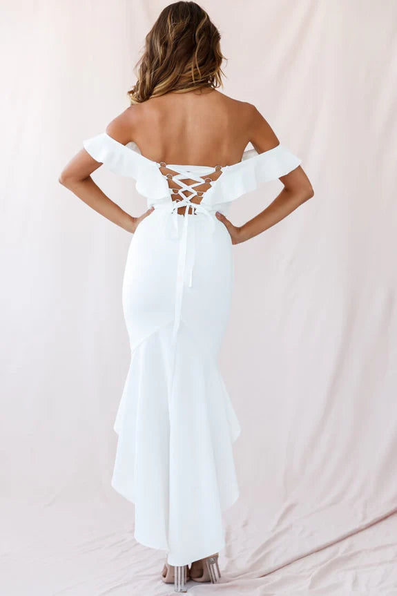 Off-the-Shoulder Ruffle Corset Back White Evening Dress For Women