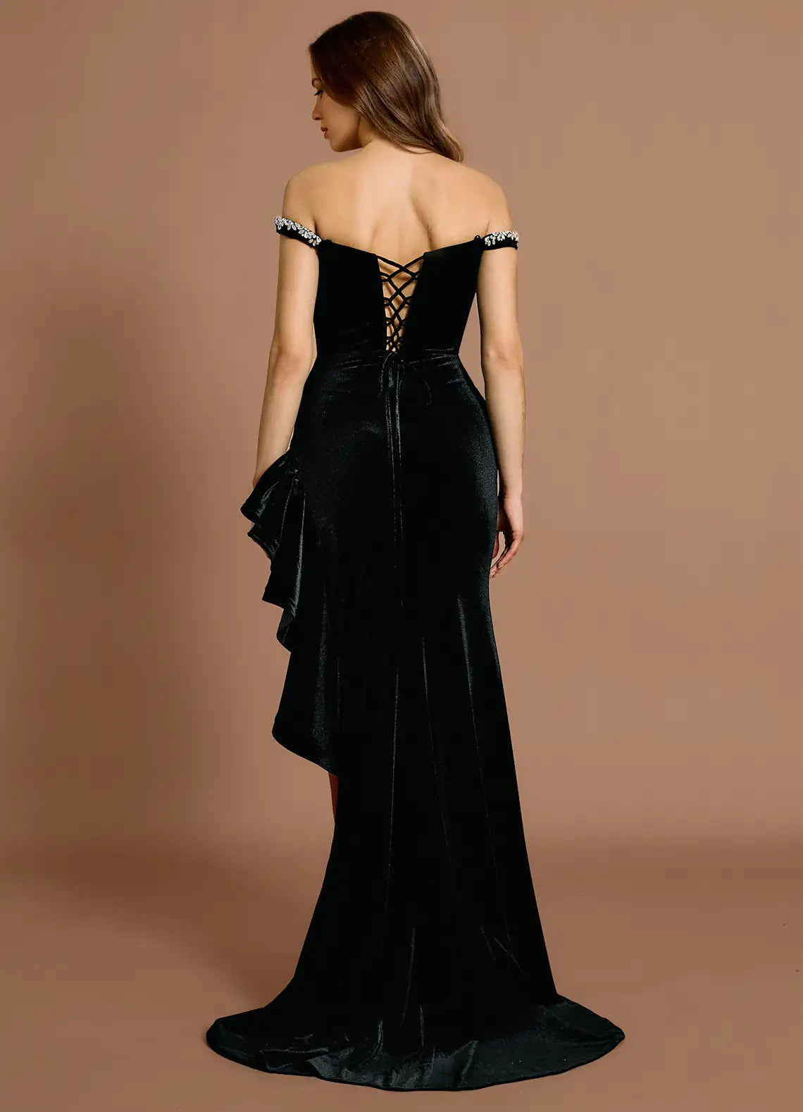 Off-the-Shoulder Ruffle Velvet Black Maxi Evening Dress With Rhinestones