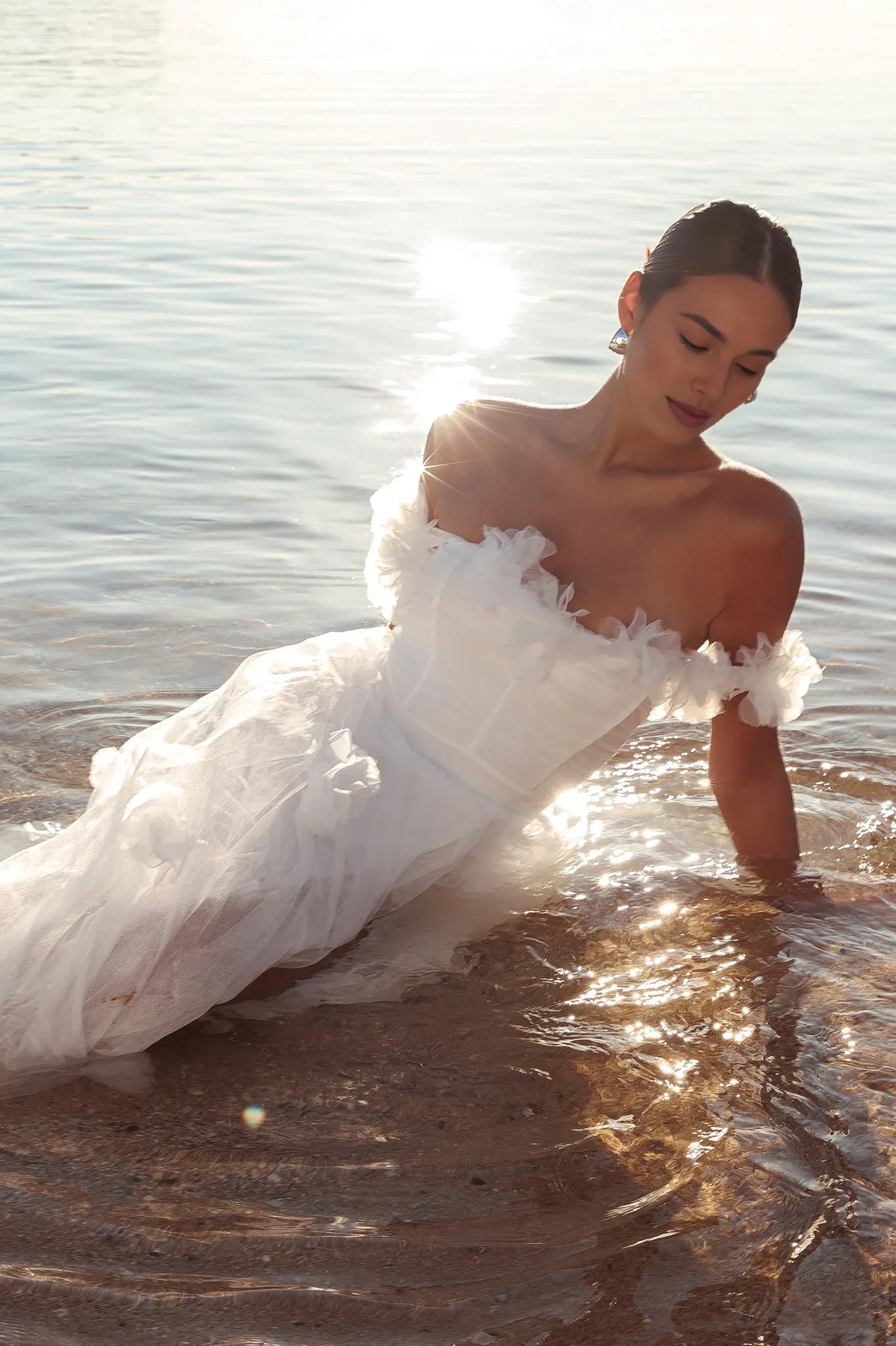 Off-the-Shoulder Tulle Rosette Ivory Maxi Evening Dress Party Dress