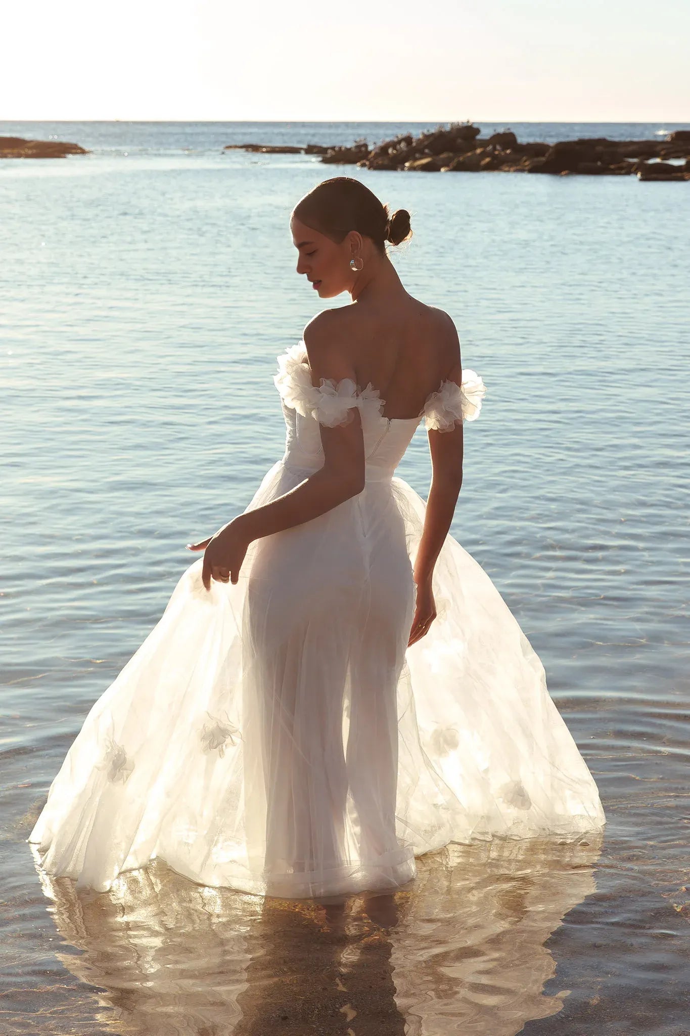 Off-the-Shoulder Tulle Rosette Ivory Maxi Evening Dress Party Dress