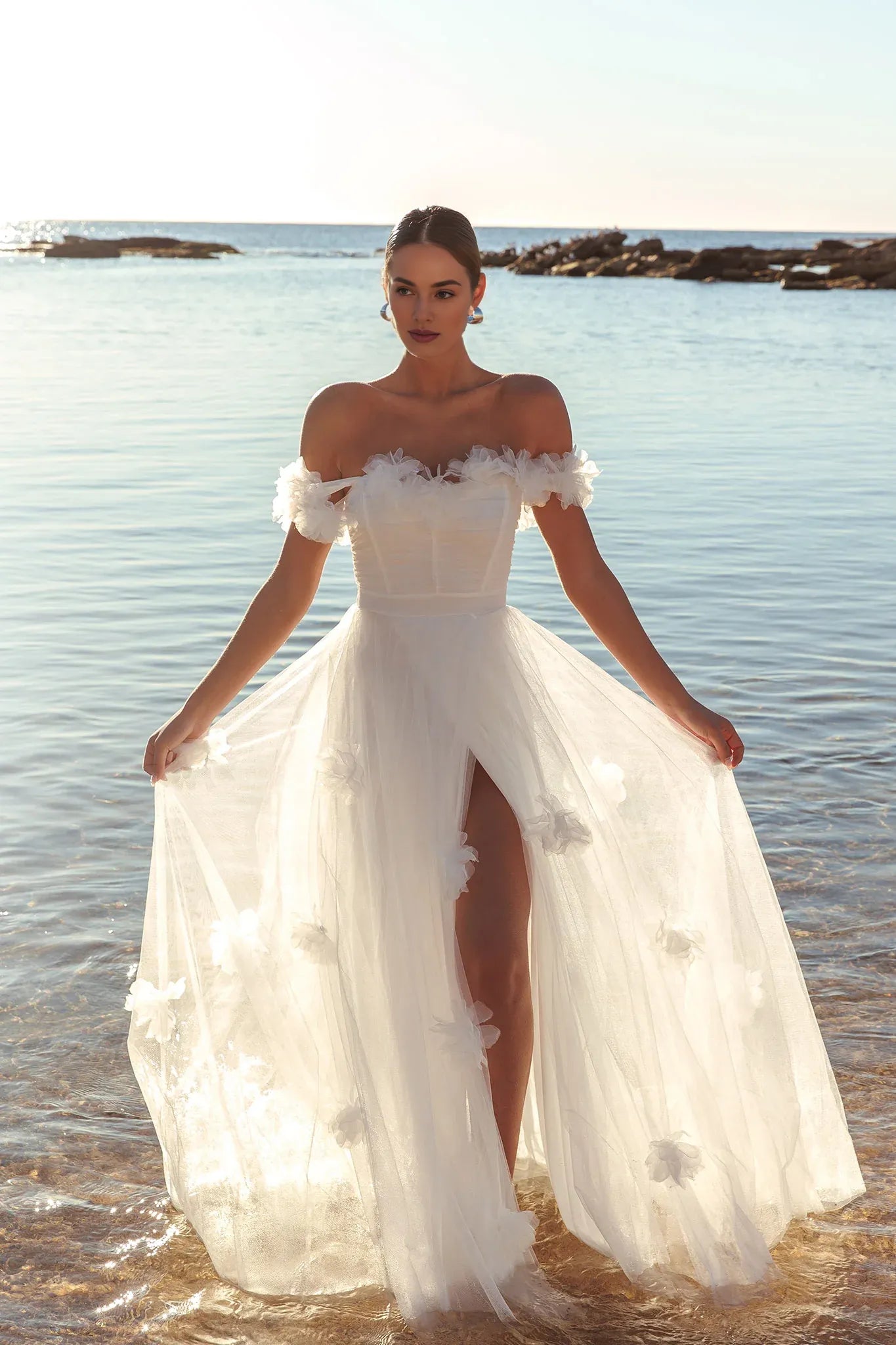 Off-the-Shoulder Tulle Rosette Ivory Maxi Evening Dress Party Dress