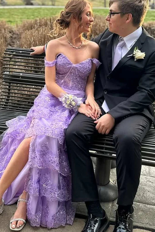 Off-the-shoulder A-line high waist slit layered sequin applique ball gown