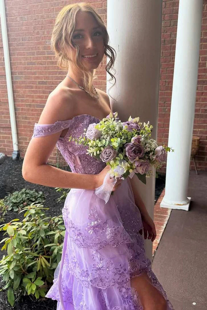 Off-the-shoulder A-line high waist slit layered sequin applique ball gown