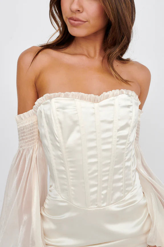 Off Shoulder Corset Bodice Satin Cream Mini Homecoming Dress Party Dress