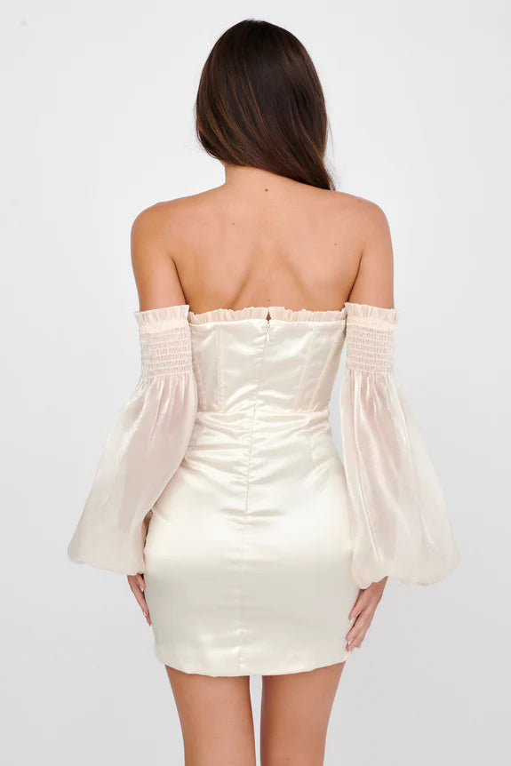 Off Shoulder Corset Bodice Satin Cream Mini Homecoming Dress Party Dress