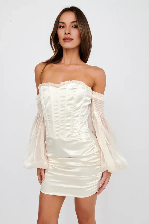 Off Shoulder Corset Bodice Satin Cream Mini Homecoming Dress Party Dress
