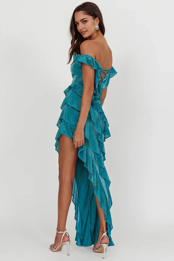 Off Shoulder Glitter Ruffle Jade Evening Dress Prom Dress With Asymmetric Hem