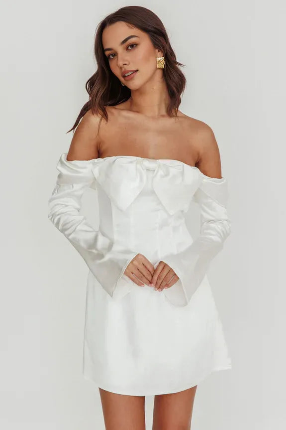 Off Shoulder Long Sleeves Bow White Mini Homecoming Dress For Ladies