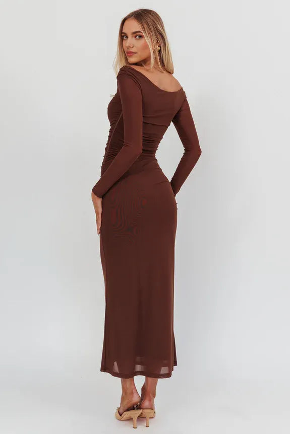 Off Shoulder Long Sleeves Mesh Chocolate Maxi Homecoming Dress Prom Dress